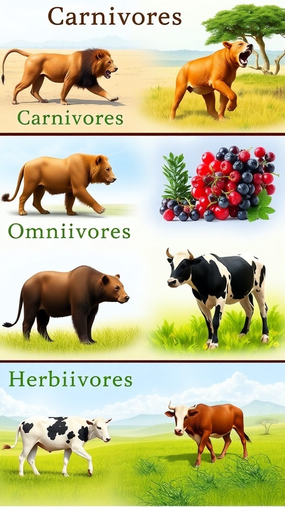 A lion, bear, and cow representing carnivores, omnivores, and herbivores in their environments.
